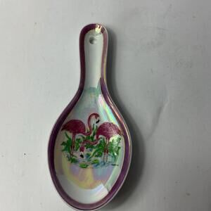 Vintage Iridescent Pink Flamingo Spoon Rest 8.5" Long Ceramic